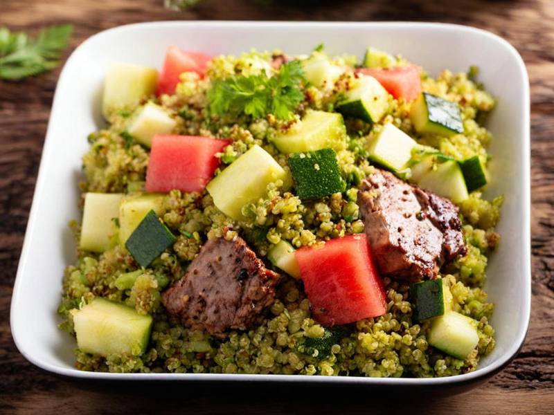 Quinoa-Salat mit Schwarzkümmel, Lamm und Melone