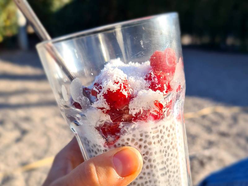 Chia-Pudding mit Himbeeren und Kokosflocken